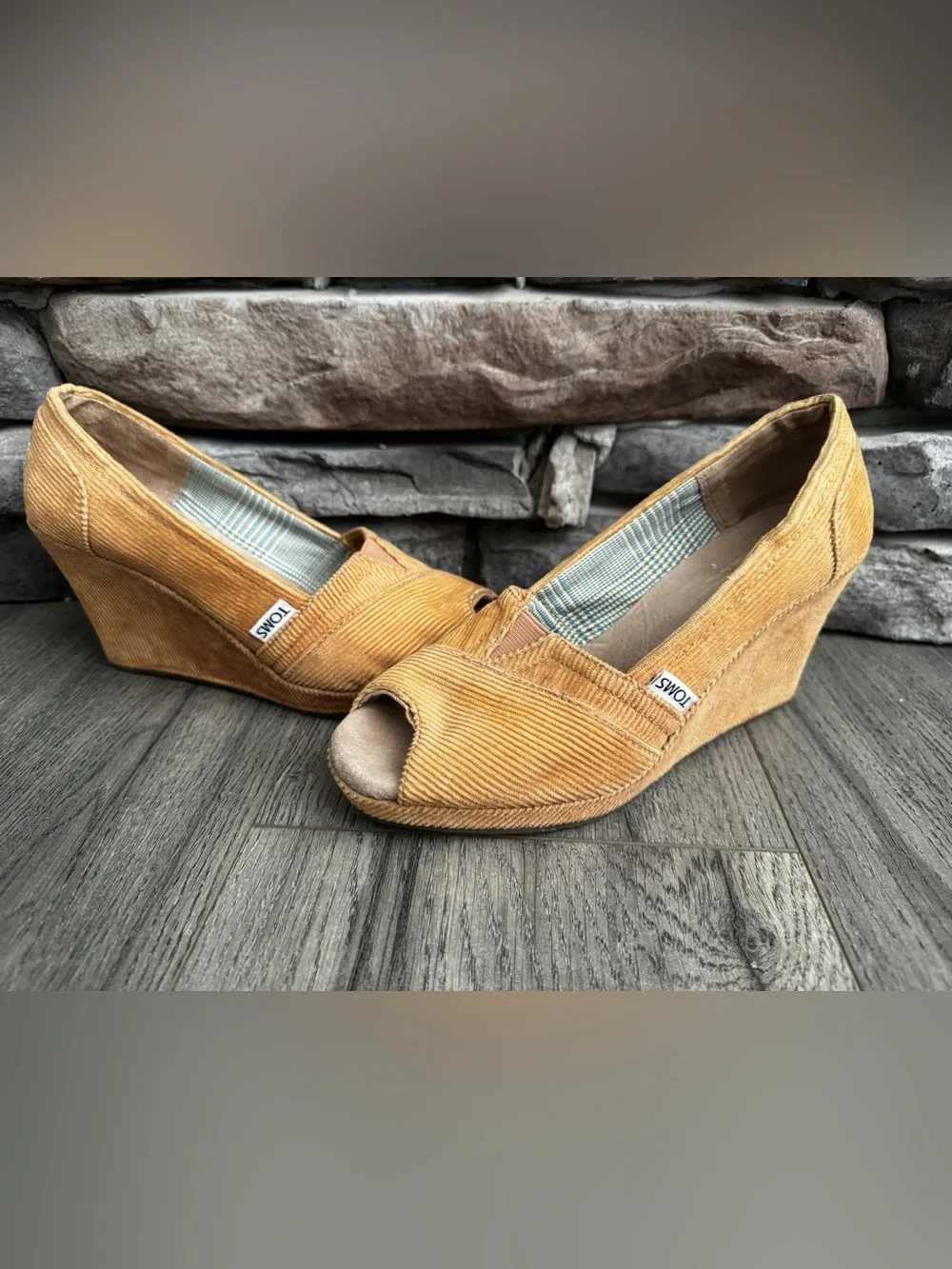 TOMS Khaki Tan Corduroy Peep-Toe Calypso Wedge Slip-Ons-6.5 3” Wedge